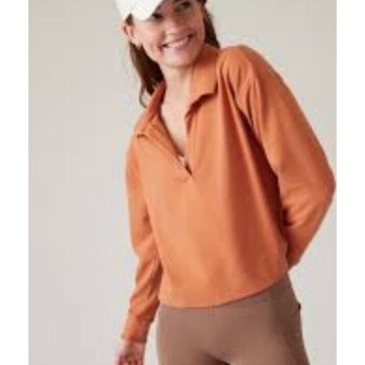 Athleta Retroterry Polo Sweatshirt Women's Size Large Cotton Polyester Spandex Sunbaked Clay Orange Clay Orange, Polo Sweatshirt, Orange Brown, Brown Orange, Polyester Spandex, Sweatshirts Women, Womens Sizes, Womens Tops, Spandex