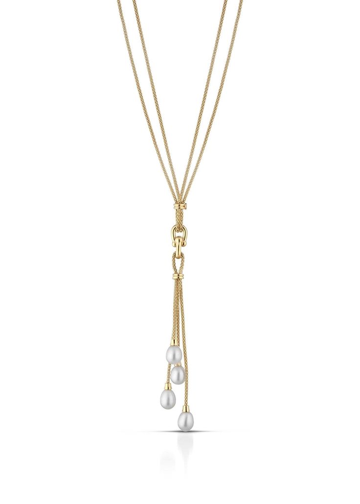 Ravello Pearl Drop Double Strand Necklace - L'Atelier Global Luxury Formal Lariat Necklace With Pearl Drop, Luxury Double Strand Elegant Necklace, Luxury White Gold Lariat Necklace For Formal Occasions, Luxury White Lariat Necklace For Gift, Luxury Pearl Lariat Necklace As A Gift, Luxury Yellow Gold Lariat Necklace With Long Drop, Multi-strand Pearl Pendant Necklace For Formal Occasions, Formal Multi-strand Necklace With Pearl Pendant, Elegant Multi-strand Pearl Necklace