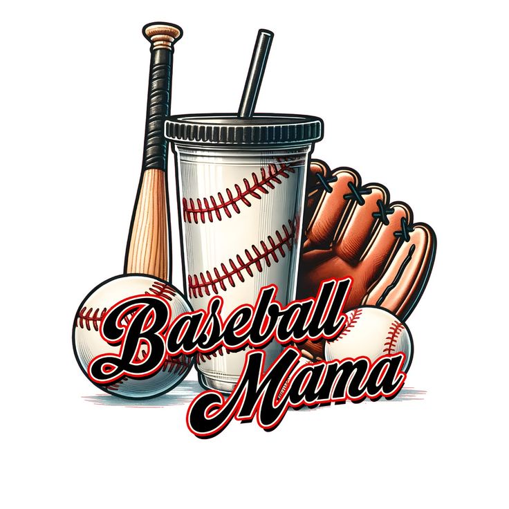 the baseball mama logo is shown next to a cup with a bat, glove and ball