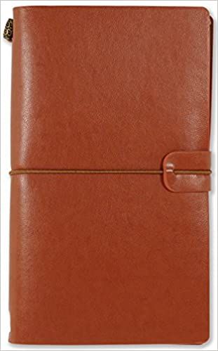 a brown leather notebook with a pen on the cover and clippings attached to it