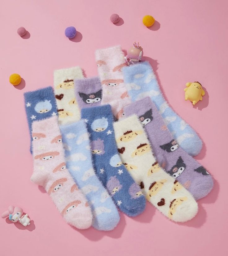 Short crew socks rendered in fuzzy knit and features Sanrio characters print, warm and cozy. One size. 100% Authentic. Sanrio Clothes, Cinnamoroll Pompompurin, Pom Pom Purin, My Melody Cinnamoroll, Cinnamoroll Kuromi, Kitty Clothes, Kuromi My Melody, Melody Cinnamoroll, Melody Hello Kitty