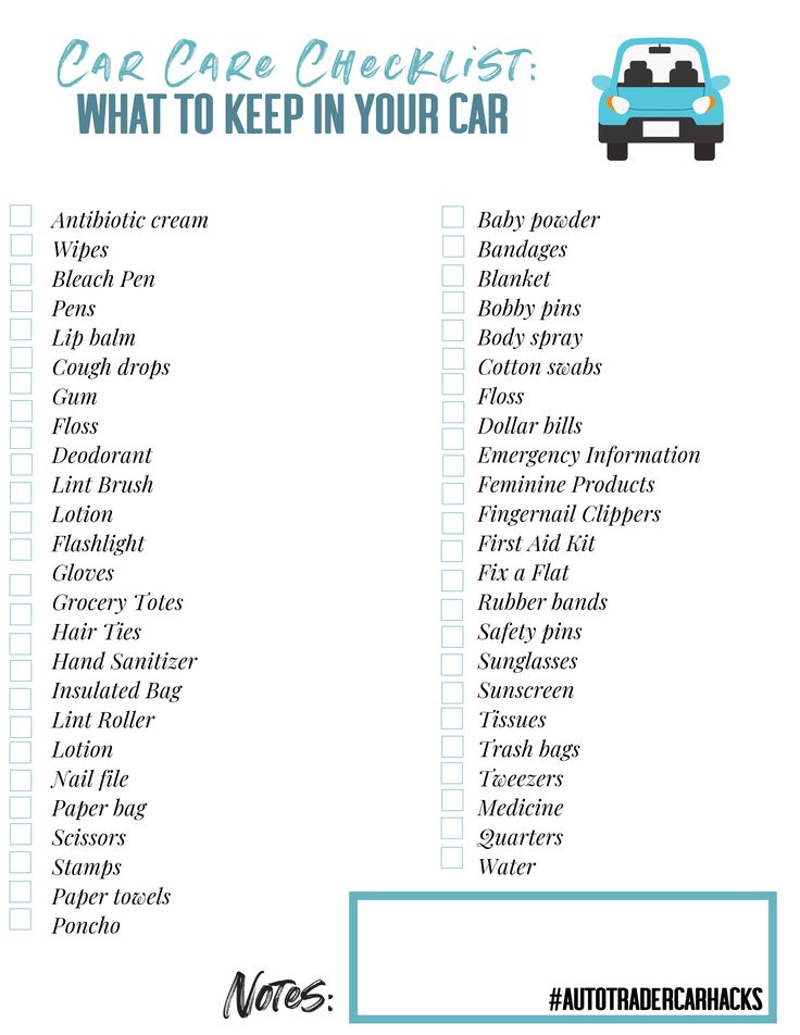 a car checklist with the words what to keep in your car written on it