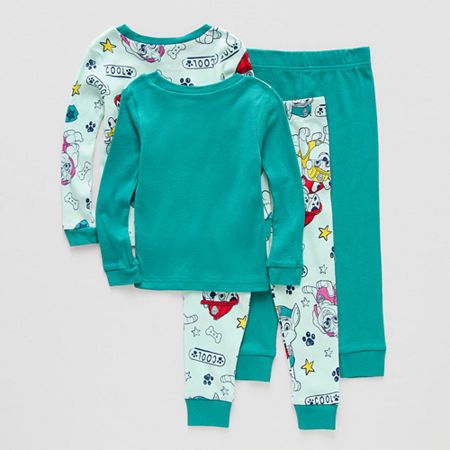 Let your toddler join the action with this toddler boys' 4-piece PAW Patrol pajama set featuring Chase, Marshall, and the gang. Each piece is crafted from soft cotton for maximum comfort. The top has long sleeves and a crew neck, while the pants have a full elastic waistband. The vibrant designs will spark imaginative adventures and make bedtime enjoyable.# Pieces In Set: 41st Piece Description: Top1st Piece Fabric: Knit1st Piece Fiber Content: 100% Cotton1st Piece Care: Machine Wash2nd Piece D… Cotton Long Sleeve Sets With Character Print, Character Print Cotton Long Sleeve Sets, Green Cotton Sets With Character Print, Cotton Sleep Sets With Character Print, Cotton Character Print Sets For Playwear, Cotton Sleepwear Sets With Character Print, Blue Cotton Sets With Character Print, Blue Cotton Character Print Sets, Cotton Sets With Character Print For Pajama Party