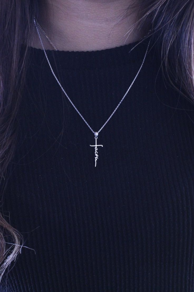 "Say hello to our beautifully crafted sterling silver faith cross necklace. Our necklace is 925 Sterling Silver and is available is Silver and 14k gold plating. We also offer this necklace in two lengths at 16\" and 18\"." Spiritual Clavicle Chain Cross Jewelry, Sterling Silver Cross Fine Jewelry, Fine Jewelry Sterling Silver Cross, Elegant Silver Cross Necklace For Wedding, Sterling Silver Clavicle Chain Crucifix Jewelry, Silver Pendant Cross Necklace, Fine Jewelry, Sterling Silver Crucifix Clavicle Chain, Personalized Spiritual Cross Pendant Jewelry, Elegant Sterling Silver Crucifix Jewelry And Charms