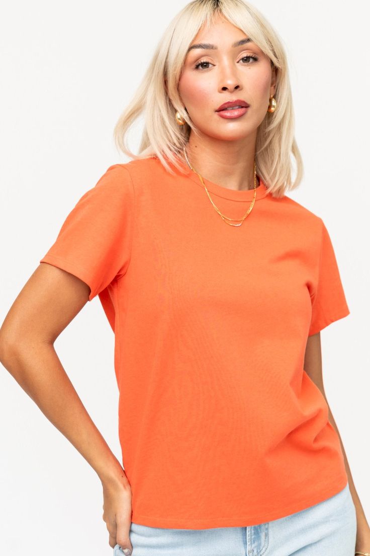 Dove Tee in Tangerine Clothing Holley Girl Basic Orange Crew Neck T-shirt, Fitted Crew Neck Top In Solid Color, Orange Short Sleeve Solid Color Tops, Orange Solid Color Summer Tops, Fitted Orange Solid Color Top, Stretch Crew Neck Shirt In Solid Color, Trendy Fitted Crew Neck T-shirt, Basic Fitted Crew Neck T-shirt, Trendy Fitted T-shirt