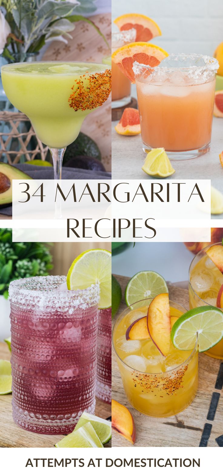 three margarita cocktails with orange slices and garnishes