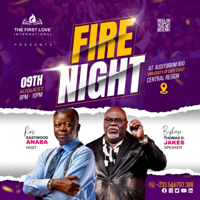 two men standing next to each other in front of a purple and white poster with the words fire night on it