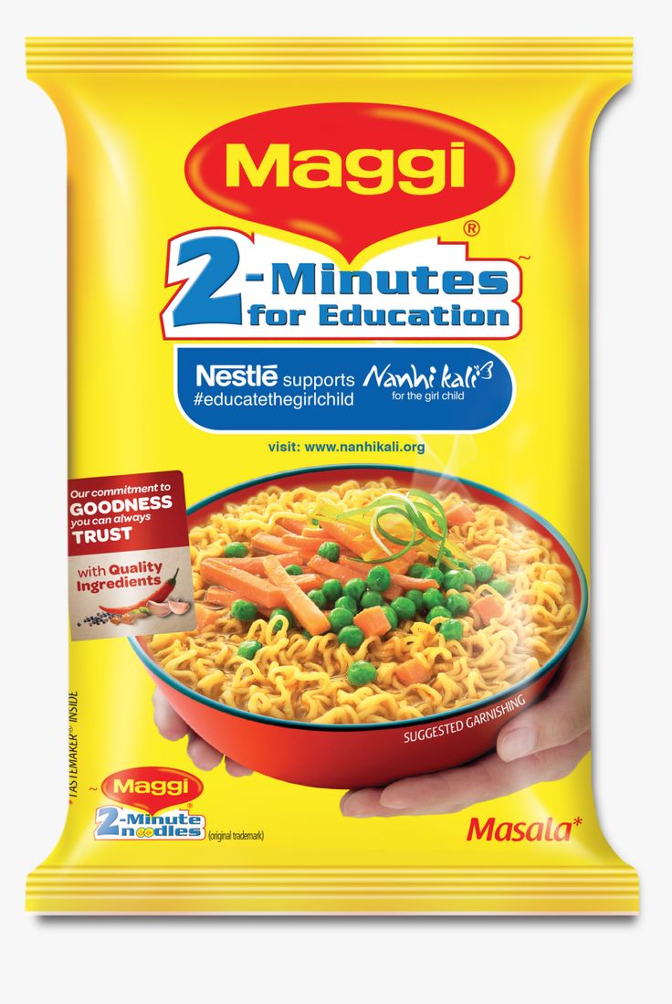 maggi 2 minute noodles with carrots, peas and peas in a yellow bag