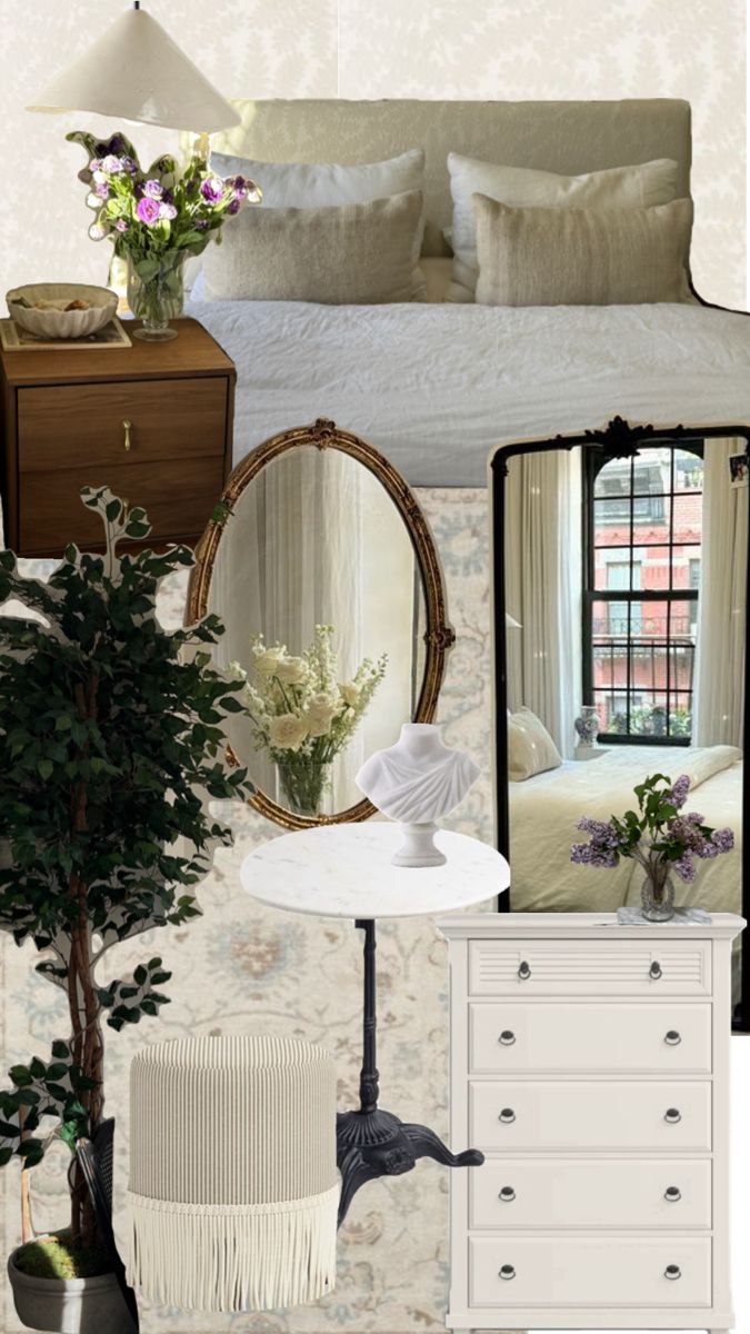 a bedroom with white furniture and flowers in vases