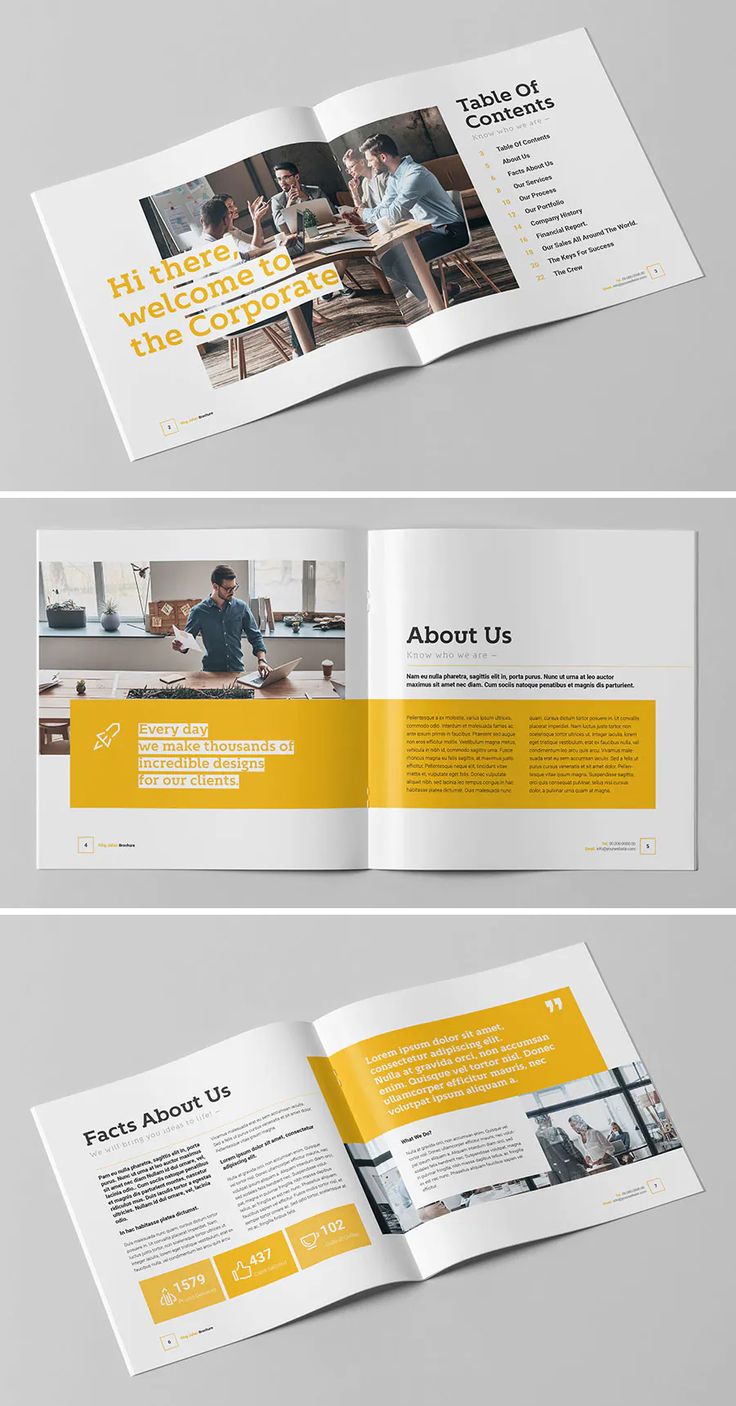 an open brochure with yellow and white colors on the front, inside and outside