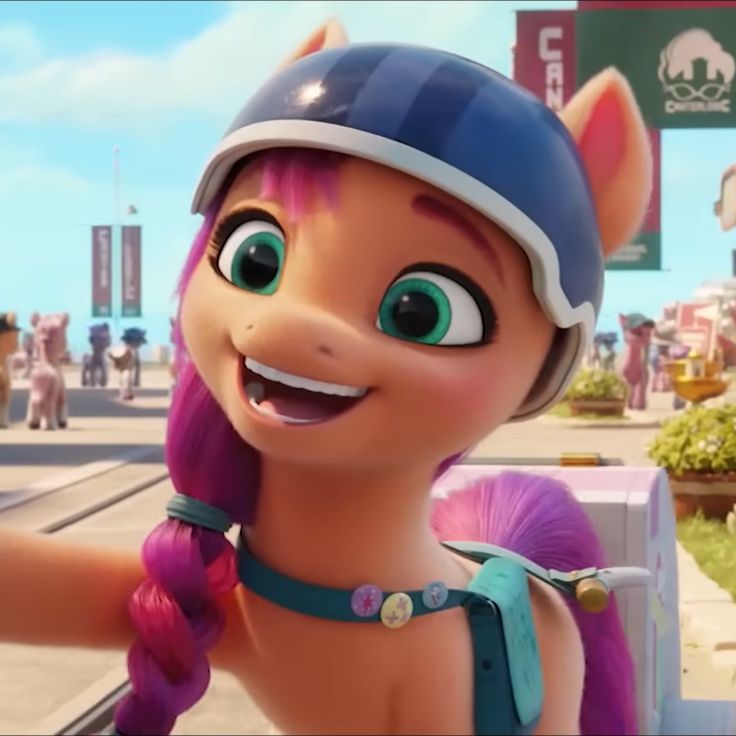 an animated pony with pink hair and blue helmet standing in front of a street sign