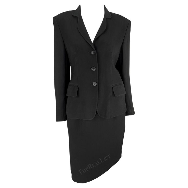 Presenting a chic black Gucci skirt suit. From the early 1990s, this classic black skirt suit is constructed of a blazer and matching pencil skirt. Approximate measurements: Jacket Size - 42IT Shoulder to cuff: 24" Underarm to cuff: 18" Bust: 34" Waist: 32" Skirt Size - 40IT Waistband to hem: 23" Waist: 27" Hips: 36 - 40" 54% rayon, 48% acetate Black Skirt Suit, Gucci Skirt, Skirt Suit Set, Blazer And Skirt, Velvet Skirt, Suit Set, Black Blazer, Skirt Suit, Black Skirt