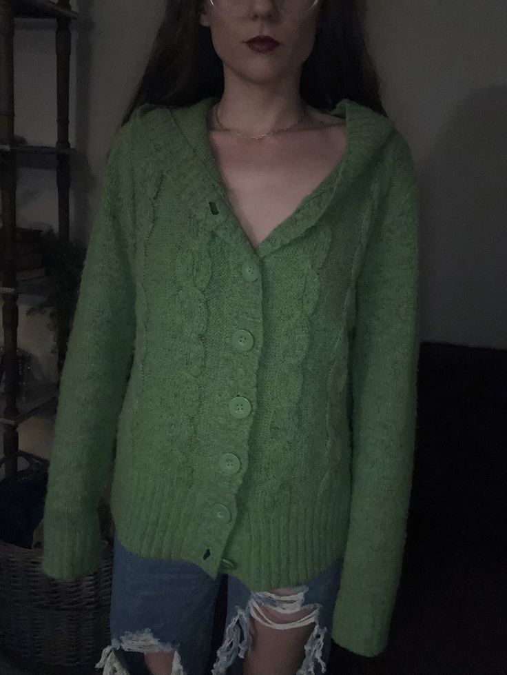 This Y2K cardigan is is so fuzzy and comfy! I just love the green color too. Great condition. Has some cute big buttons on front. Tags say Womens XL.  Sorry my pics turned out so dark! Lmk if you have any questions! Y2k Cardigan, Cardigan Y2k, Mink Fur Coat, Pullover Outfit, My Pics, Green Cardigan, Yellow Stripes, Daughter Love, Cardigans For Women