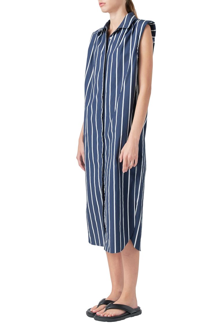 A strong-shouldered shirtdress features classic stripes and a summery, sleeveless silhouette. Hidden-button placket Spread collar Sleeveless Side slits Lined 100% polyester Hand wash, dry flat Imported Chic Vertical Stripe Shirt Dress, Striped Shirt Dress For Summer, Vertical Stripes Shirt Dress For Daywear, Summer Midi Dress With Vertical Stripes, Sleeveless Midi Dress With Vertical Stripes For Spring, Striped Knee-length Shirt Dress For Summer, Casual Sleeveless Dress With Vertical Stripes, Striped Summer Shirt Dress With Button Closure, Summer Striped Midi Dress For Workwear