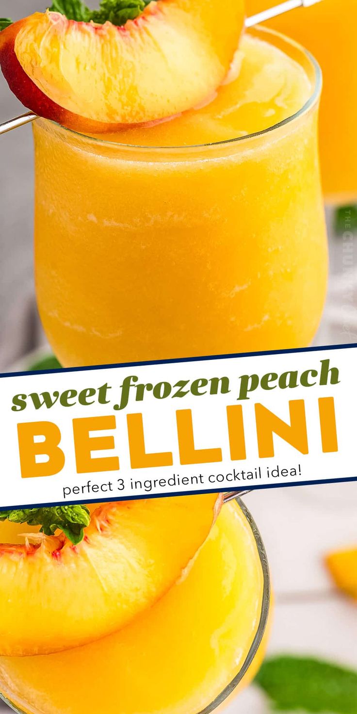 two glasses filled with orange juice and topped with fresh peaches