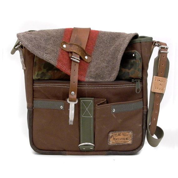 Swiss Army Blanket / Leather Messenger // by peace4youBAGS Outdoor Military Satchel Bag, Military Style Outdoor Satchel Bag, Military Style Satchel Bag For Outdoor, Military Style Satchel For Outdoor, Utility Waxed Canvas Bags For Outdoor, Outdoor Canvas Bag With Leather Trim, Outdoor Utility Bag In Waxed Canvas, Functional Brown Satchel For Outdoor, Waxed Canvas Satchel With Pockets For Outdoor