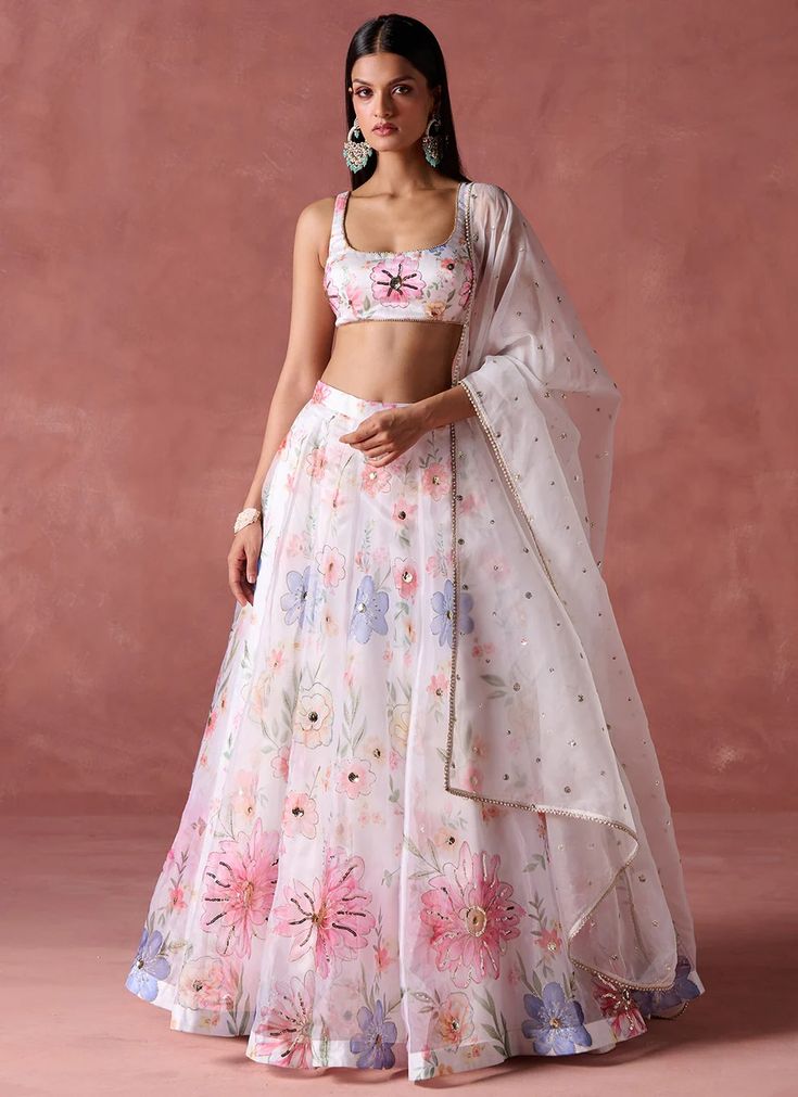 White Multicolor Floral Printed Organza Lehenga – Lashkaraa Tissue Silk Sets With Floral Embroidery For Reception, Navratri Floral Embroidered Organza Sharara, Navratri Organza Sharara With Floral Embroidery, Floral Embroidered Organza Lehenga For Navratri, Navratri Organza Lehenga With Floral Embroidery, Organza Choli For Diwali Reception, Organza Choli For Reception And Diwali, Organza Lehenga For Reception And Festivals, Fitted Floral Embroidered Tissue Silk Sharara