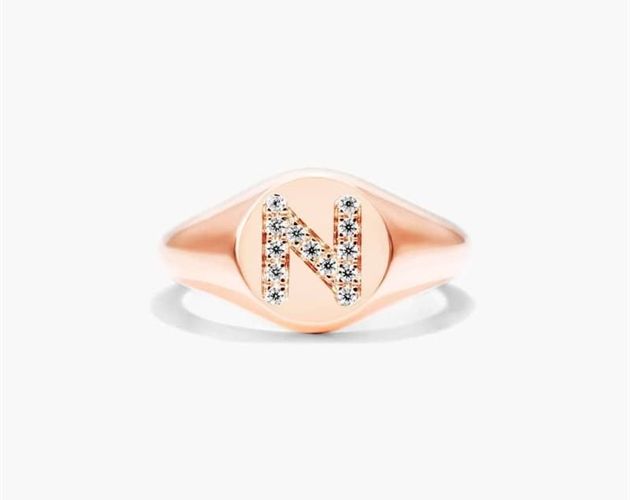 14K Rose Gold Diamond N Initial Signet Ring. This timeless ring will dazzle all who see it. Perfect for any age and occasion, this ring makes the perfect individualized gift! Rose Gold Initial Ring With Round Band For Anniversary, Rose Gold Initial Ring For Anniversary, Anniversary Rose Gold Initial Ring With Round Band, Rose Gold Initial Promise Ring, Rose Gold Luxury Signet Ring As Gift, Rose Gold Polished Finish Signet Ring, Luxury Rose Gold Signet Ring For Anniversary, Rose Gold Polished Finish Round Cut Signet Ring, Fine Jewelry Engraved Diamond Ring In Rose Gold