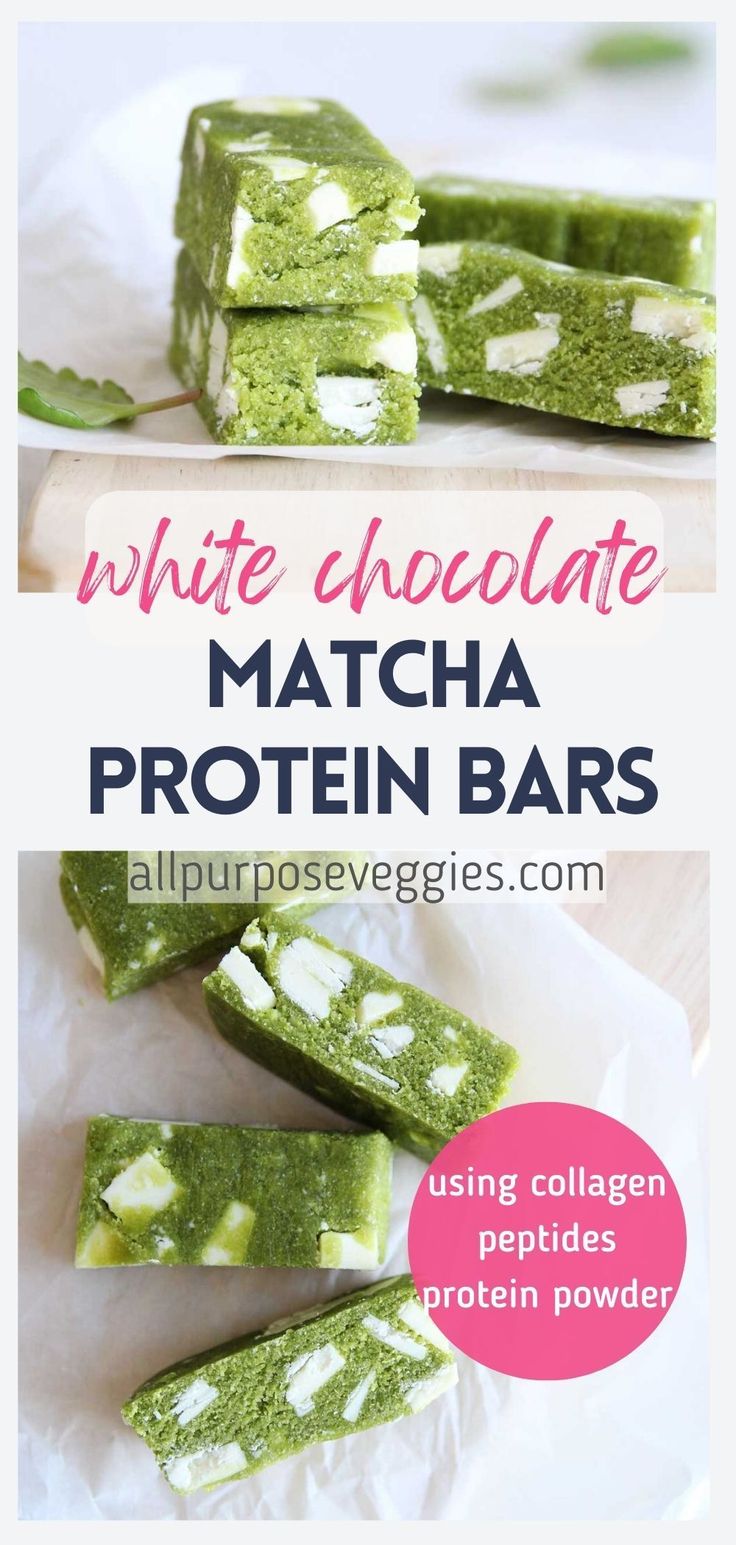 white chocolate matcha protein bars are stacked on top of each other with the text overlay