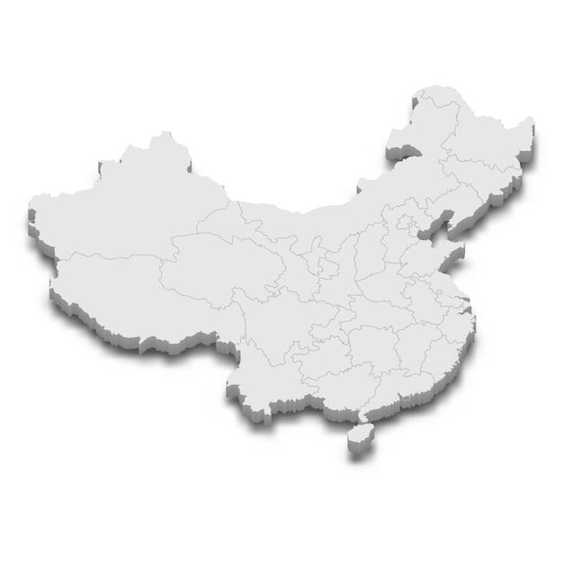 a 3d map of china with the country's capital highlighted in gray on an isolated white background