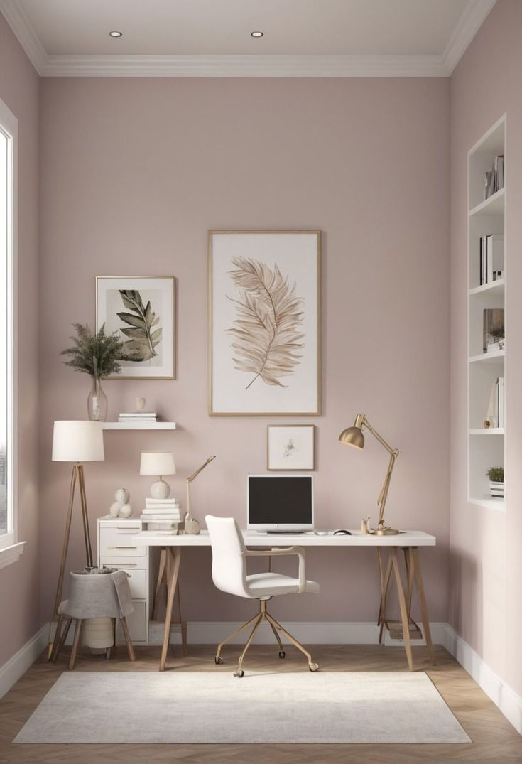 a home office with pink walls and white furniture