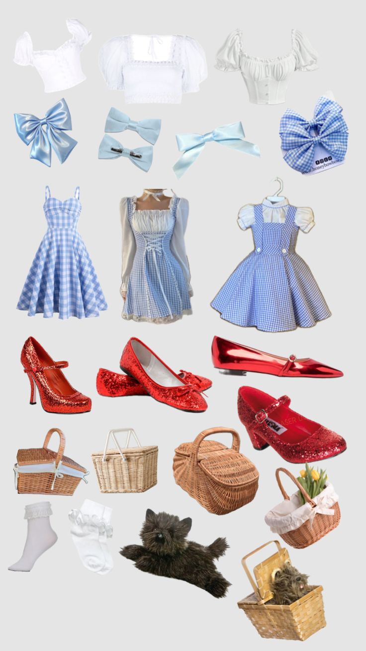 many different types of clothes and shoes are shown in this image, including one woman's dress