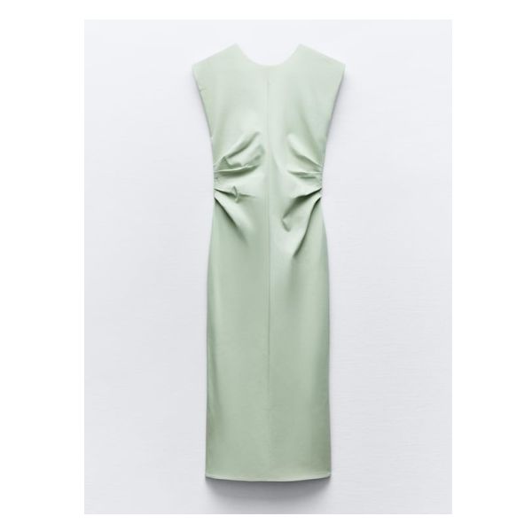 Sleeveless, round neckline, and V-neck back dress. Side ruching at waist. Back vent. Back hidden in-seam zip closure. Jeans Blazer, Crochet Coat, Linen Blazer, Back Dress, Sea Green, Blazer Dress, Trouser Jeans, Massimo Dutti, Womens Midi Dresses