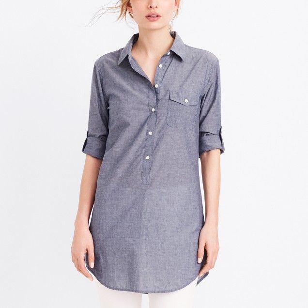 Popover tunic Tunics With Leggings, Chambray Tunic, Denim Tunic, Plaid Tunic, Jcrew Women, Tunic Shirt, Long Sleeve Tunic, Printed Blouse, Tunic Dress