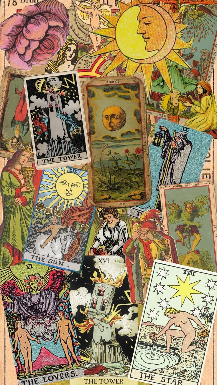 a collage of tarot cards with different pictures on them