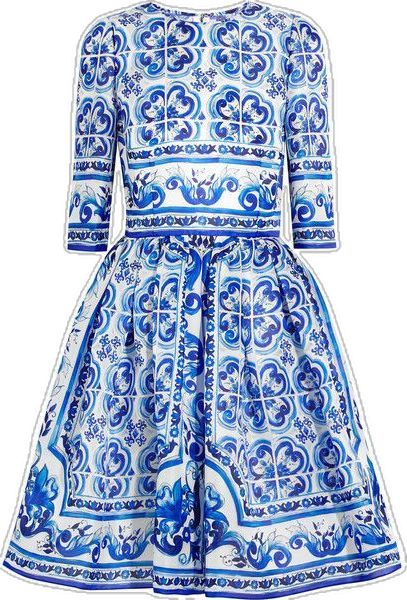 Tile Print Fashion, Silk Organza Dress, Short Fitted Dress, Blue Dress Short, Blue Silk Dress, Anna Dello Russo, Blue Print Dress, Dolce Gabbana Dress, Short Summer Dresses