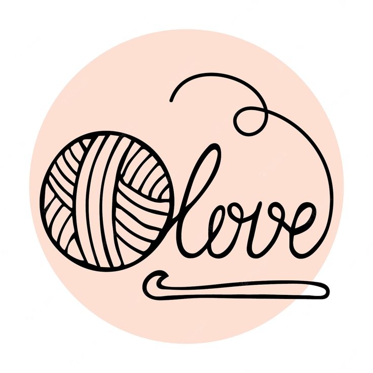 a ball of yarn with the word love written in black ink on a pink background