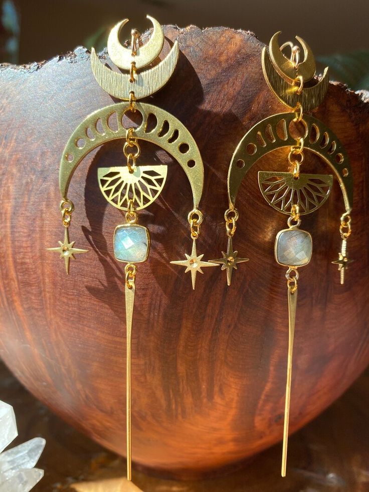 Labradorite Moon Phase Earrings, Hypoallergenic, Fairy Jewlry - Etsy Celestial Moon Phase Moon Earrings, Handmade Celestial Earrings For Festivals, Bohemian Moon Shaped Brass Jewelry, Mystical Gold Moon Phase Earrings, Handmade Celestial Dangle Earrings, Celestial Moon Charm Earrings For Festivals, Mystical Moon Phase Dangle Earrings, Handmade Spiritual Crescent Earrings, Unique Handmade Moon-shaped Earrings