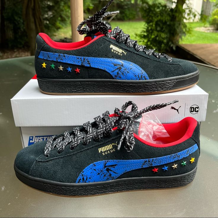 New With Box Puma Suede Justice League Sneakers, Model #385824-01, Size 9.5 D/M. Suede Leather Upper. Color Is Black With The Blue Stripe. Stars In The Back Representing The Members Of The Justice League. Sizing Advice: This Fits If You Are A 9d On The Brannock Shoe Measuring Device. 6-1022box32 Puma Slip-on Sneakers For Streetwear, Puma Logo Slip-on Sneakers For Streetwear, Black Slip-on Puma Sneakers, Black Puma Sneakers With Round Toe, Black Leather Puma Sneakers, Puma High Tops, Puma Sneakers Men, Puma Ralph Sampson, Puma Tennis Shoes