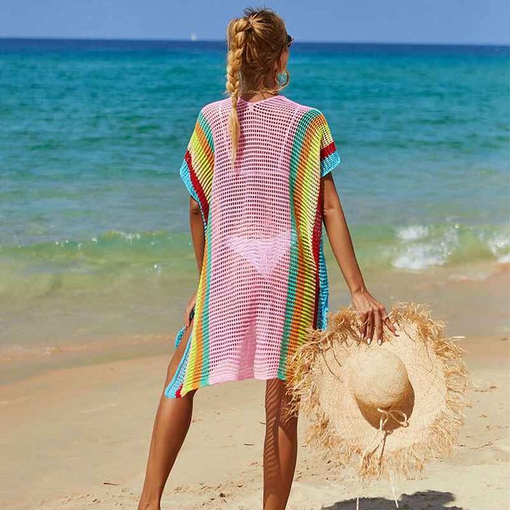 Beach Swimsuit Cover Up Bathing Suit Cover Ups Mesh Tassel Bikini Coverup Hollow Out Crochet Dress for Women K523 Acrylic + cotton blend Imported Hand Wash Only The fabric has some stretch Feature: long sleeve, hollow out, crochet cover up, cover ups for swimwear women Regular fit, swim cover-ups for women, crochet cover-ups for swimwear women, swimsuit cover-up Occasions: suitable for swimwear, beach, swimming pool, summer party, and vacation Please refer to the last image for the size chart (T Striped V-neck Swimwear For Beach, Summer Tassel Swimwear For Pool, Colorful Beach Dress For Summer, Striped Beach Dress For Vacation, Summer Beach Dress, Striped, Multicolor Summer Cover-up With Tassels, Multicolor Tassel Cover-up For Summer, Multicolor Tassel Summer Cover-up, Colorful Summer Beach Dress