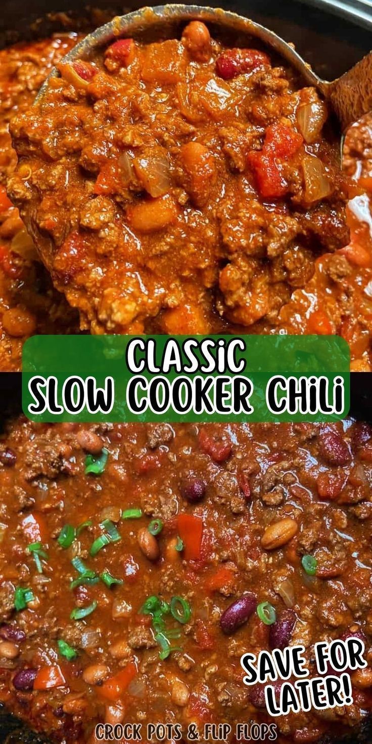 the slow cooker chili recipe is ready to be eaten and put in the crock pot