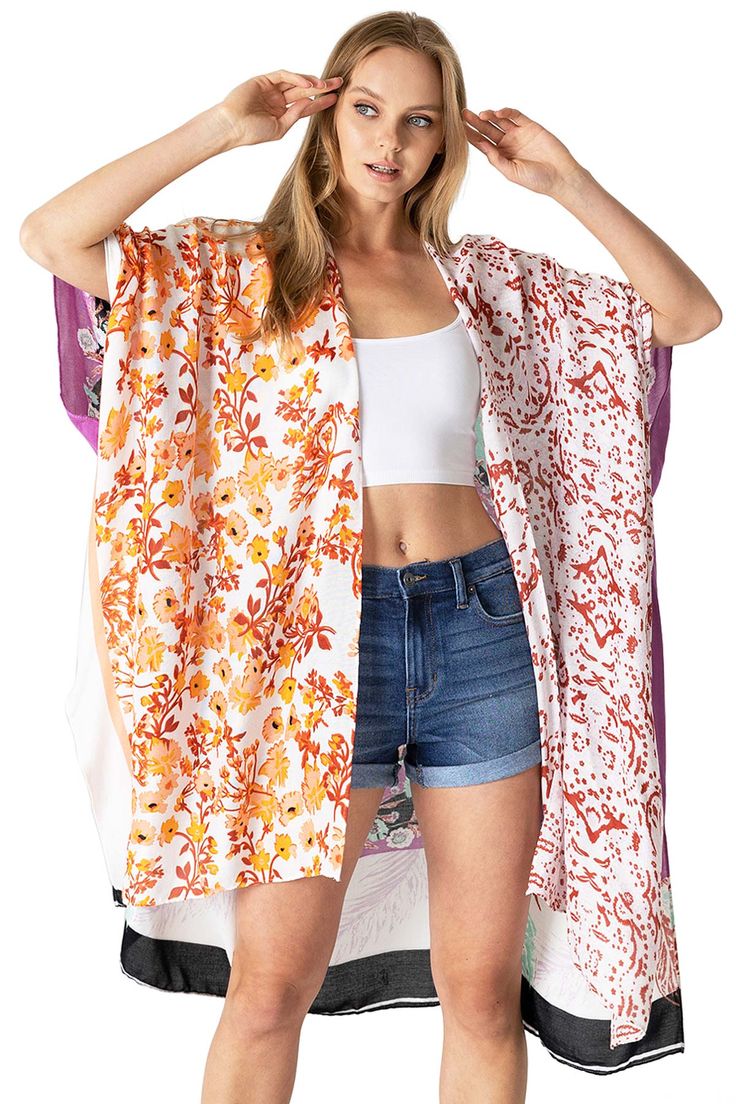 Boho print kimono with contrasting prints. Ultra light, draping open-front. Light and billowy silhouette, perfect for effortless layering. CARE | Hand Wash Cold or Dry Clean CONTENTS | 100% Viscose MEASUREMENTS | 36"/91 cm Top to Bottom (Size O/S) MODEL | 5'8 - wearing O/S IMPORTED Print Kimonos, Boho Print, S Models, Front Open, Layering, Dry Clean, Hand Wash, How To Wear