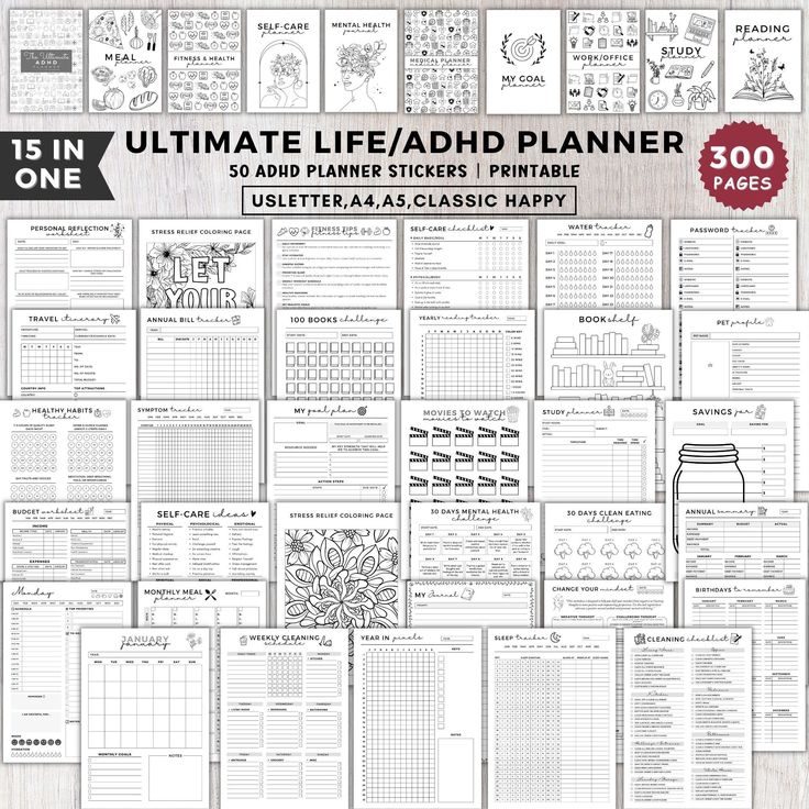 the ultimate printable planner for kids and adults is shown in black and white, with text