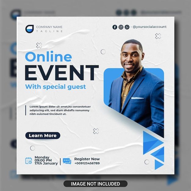 a flyer for an event with a man in a blue suit and brown shirt on it