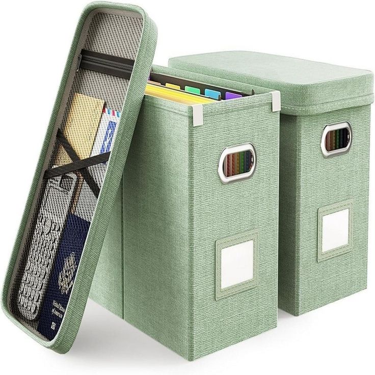 two green storage bins with different compartments