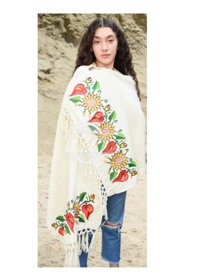 "Shawl with floral embroidery. This shawl is made to order. Measures: 28x94 inches We want you to be happy doing business with us so any questions, any concerns are welcome. We are fast to reply! Shipping: *We take great care packaging every item to ensure safe quality shipping. *We ship via USPS All shipments are sent out within 5-10 business days after payment is confirmed or cleared. *Please make sure to provide the correct shipping address when placing your order, orders will be shipped out Traditional Poncho With Floral Embroidery, Bohemian Pashmina Shawl With Floral Embroidery, Bohemian Pashmina Shawl With Floral Embroidery And Traditional Drape, White Embroidered Pashmina Shawl In Traditional Drape, Traditional Floral Embroidered Poncho, Traditional Embroidered Floral Poncho, White Shawl With Embroidered Border, Multicolor Embroidered Shawl For Festivals, White Embroidered Pashmina Shawl