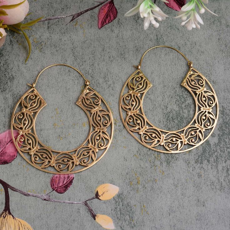 Vintage Round Hoop Earrings With Intricate Design, Handmade Symbolic Round Jewelry, Symbolic Handmade Circular Jewelry, Handmade Spiritual Crescent Earrings, Round Earrings For Rituals And Festivals, Festival Earrings For Rituals, Vintage Pierced Jewelry For Festivals, Gold Hoop Spiritual Jewelry, Metal Hoop Jewelry For Festivals