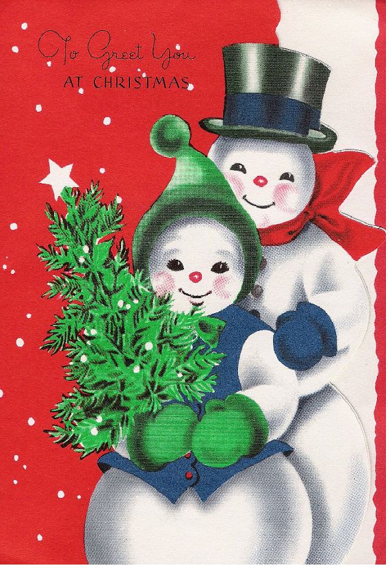 an old fashioned christmas card with two snowmen holding a small fir tree in their hands