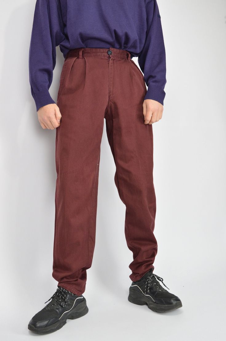 Vintage red classic suit trousers {779} PRODUCT INFO: Material - 100% COTTON / Size tag on item - 28 / WAIST - 71 CM / FULL LENGHT - 110 CM / 43 INCH / INSEAM - 84 CM / 33 INCH / Our model is 179 cm and normally wears a size 29/30 INFO: Due to item's vintage condition, the original tag might not show the true size. If you have any questions about this product or shipping just drop us a message and we will get back to you as soon as possible. CONDITION: Please note that Hanger Vintage sell true v Formal Red Bottoms With Welt Pockets, Red Formal Bottoms With Welt Pockets, Classic Red Bottoms For Business Casual, Formal Burgundy Trousers, Red High-waisted Pants For Formal Occasions, Red High-waisted Formal Pants, Formal Red High-waisted Pants, Red Full Length Formal Dress Pants, Red Workwear Pants With Welt Pockets