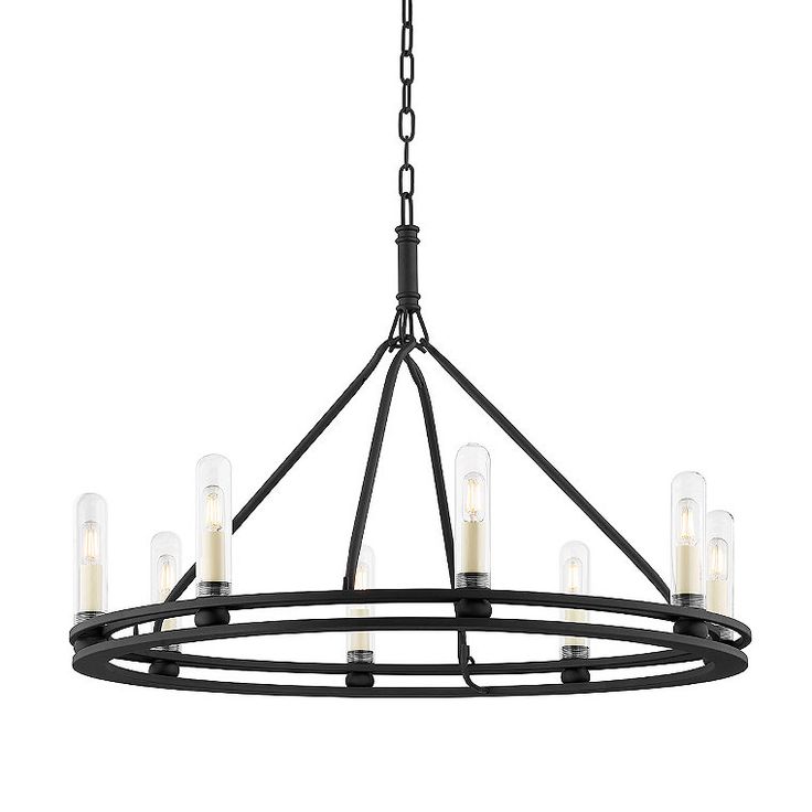 a black chandelier with six candles hanging from the center and four lights on each end