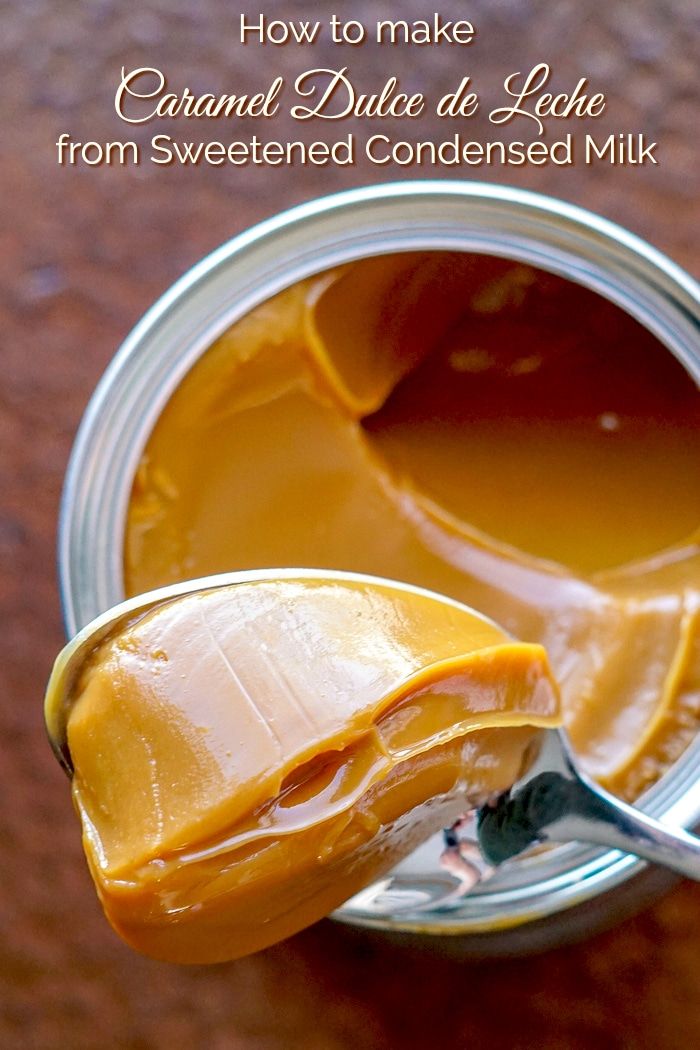 a spoon full of caramel sauce on top of a can with text overlay