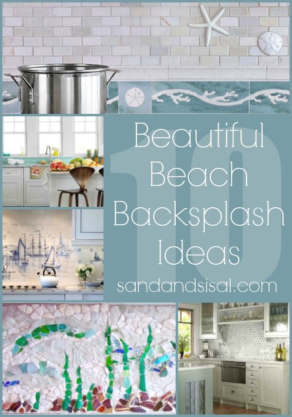 the words beautiful beach backsplash ideas are displayed in this collage with images