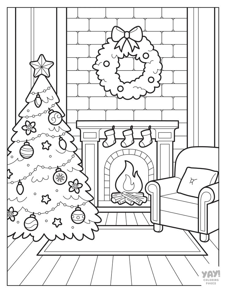 Cozy winter scene with Christmas tree, fireplace, and comfy chair What To Draw Christmas, Coloring Sheet Christmas, Christmas Tree Coloring Book, Christmas Coloring Pages Bold And Easy, Christmas Tree For Coloring, Digital Coloring Pages Procreate Free, Christmas Tree Coloring Pages Free, Coloring Pages Christmas Adult, Sketch Christmas Tree