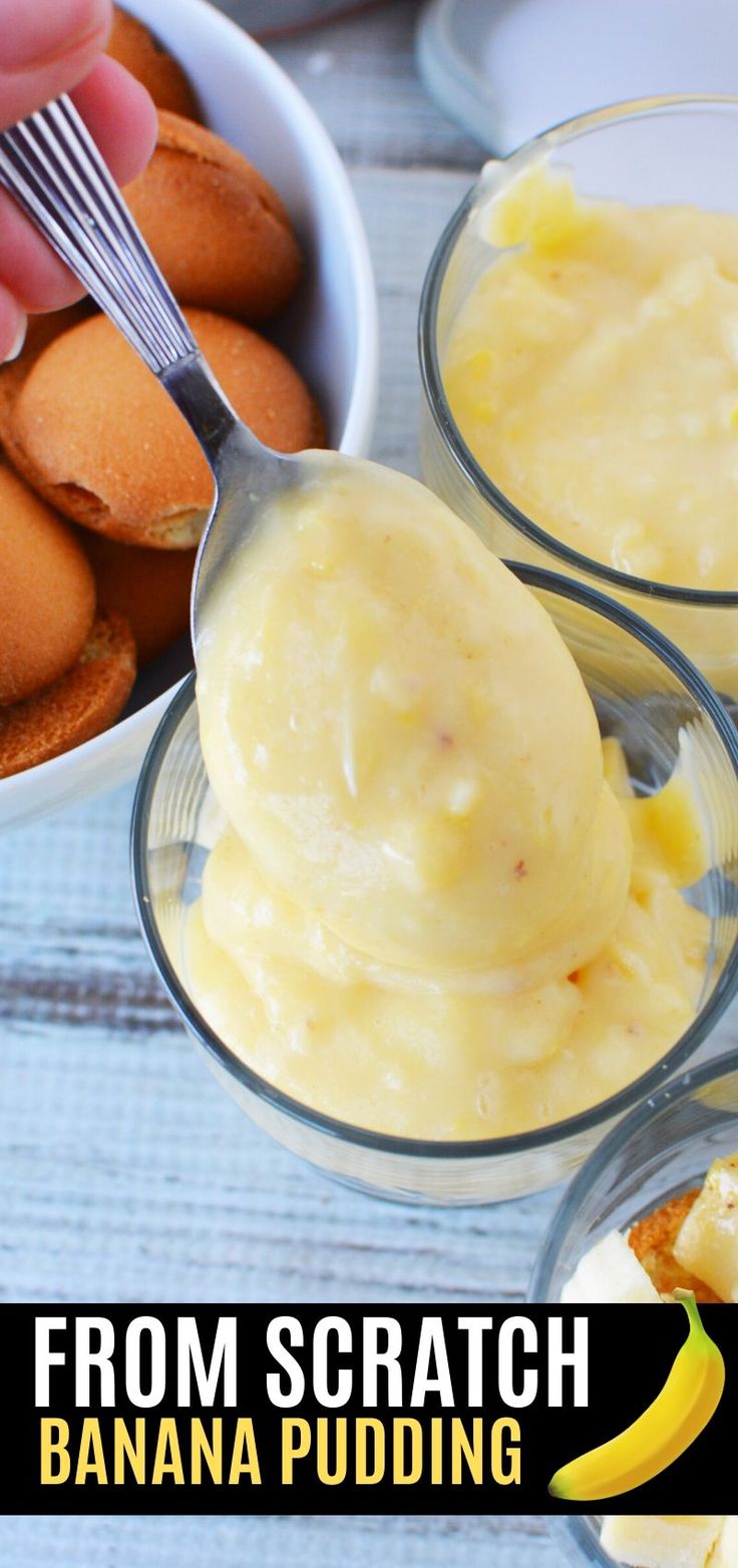 a spoon full of banana pudding next to bowls of cookies and other desserts with text overlay that reads from scratch bananas pudding