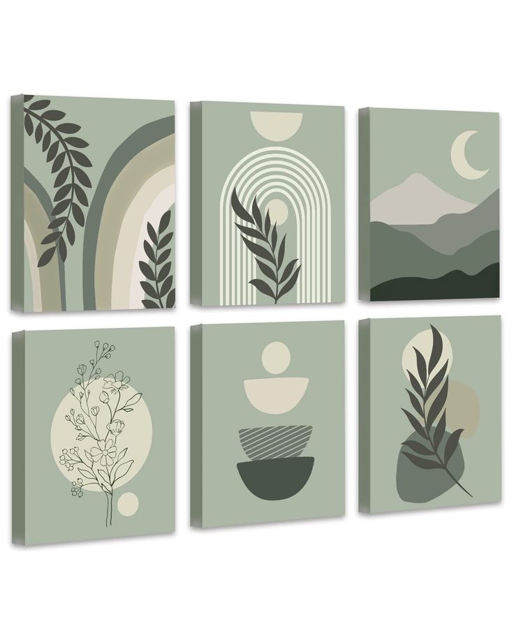 four green and white wall art pieces with trees, mountains, and sun in the background