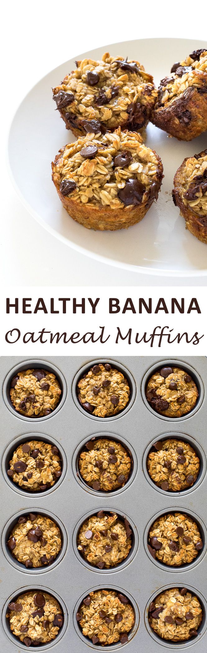 healthy banana oatmeal muffins in a muffin tin with text overlay